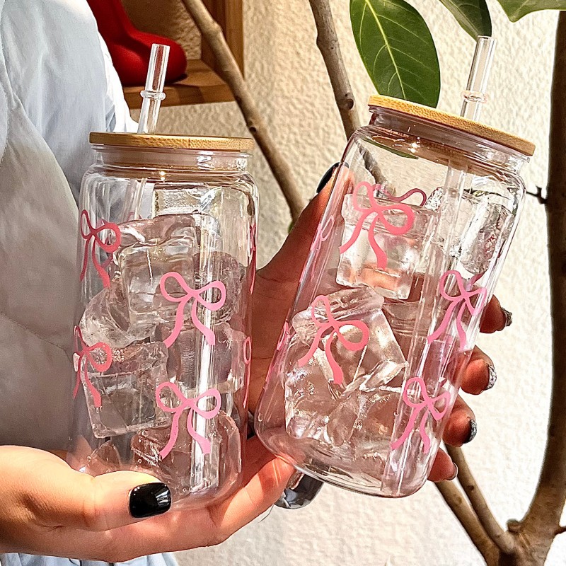 Training Cup Straw - 500ml Cute Bow Glass Cup Tumbler