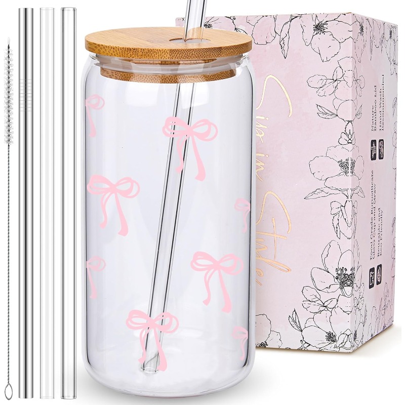 Training Cup Straw - 500ml Cute Pink Bow Glass Cups