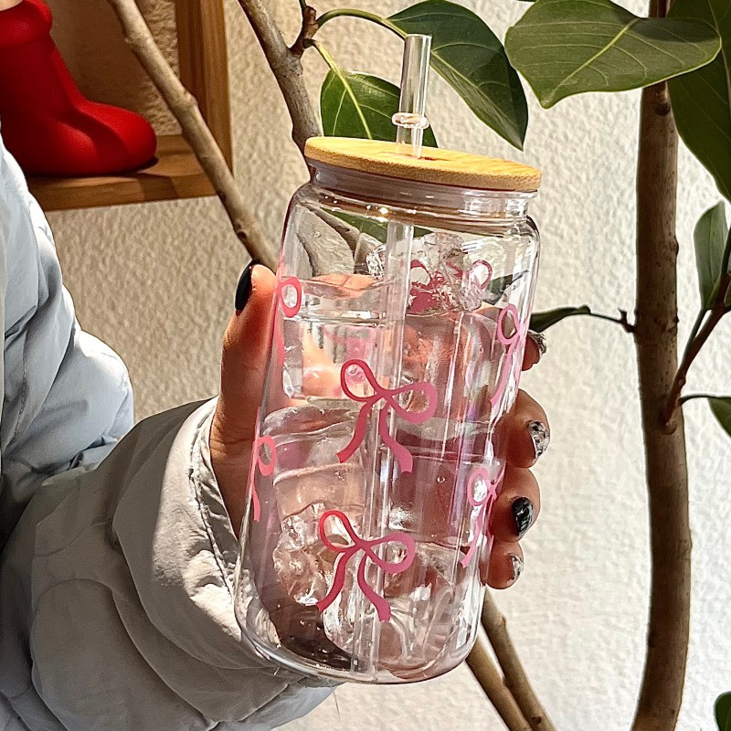 500ml Cute Bow Glass Cup Tumbl - Training Cup Straw 评论和价格